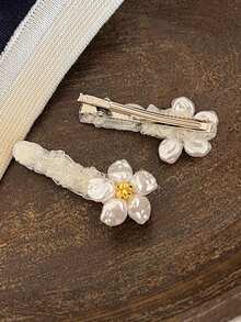 1PC Fairy-Style Lace Sweet Faux Pearl Flower Hair Clip, Side Bangs Straight Clip, Elegant Versatile Duckbill Hair Accessory For Women - Multicolor - View 7