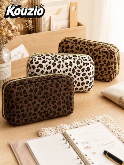 1pc Leopard Print Large Capacity Pencil Case, Faux Suede Rectangular Zipper Pen Bag, Multifunctional Stationery Supplies Organizer, Cosmetic Makeup Pouch And Travel Storage Bag For Teen Girls, Women, Students, School, College, Office And Daily Use