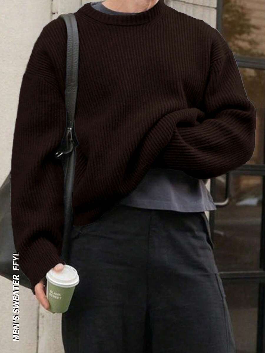 Lightweight Casual Textured Knit Sweater, Minimalist Design, Loose Fit Crew Neck Pullover For Unisex, Suitable For Autumn/Winter - Brown - View 1