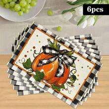 1/4/6pcs Autumn Series Black & White Plaid Bow & Pumpkin Pattern Printed Placemats, Heat Resistant Table Mat For Home Kitchen, Table Protection, Kitchen Dining Table, Party Decor - Multicolor - View 15