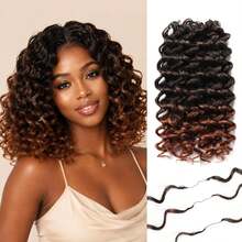 16 Inch Feather Hair Extensions, Curly Crochet Braids, 50 Strands, 90g, Natural Deep Wave Braided Hair, Bohemian Style Water Wave Wig, Synthetic Material - Brown Ombre - View 12