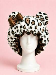 CONFLASS Leopard Print Plush 3D Cat Ear Bow Headband Hat, Quick-Dry Soft Sleep Cap, Suitable For Daily Nighttime Hair Care - Leopard Print - View 1