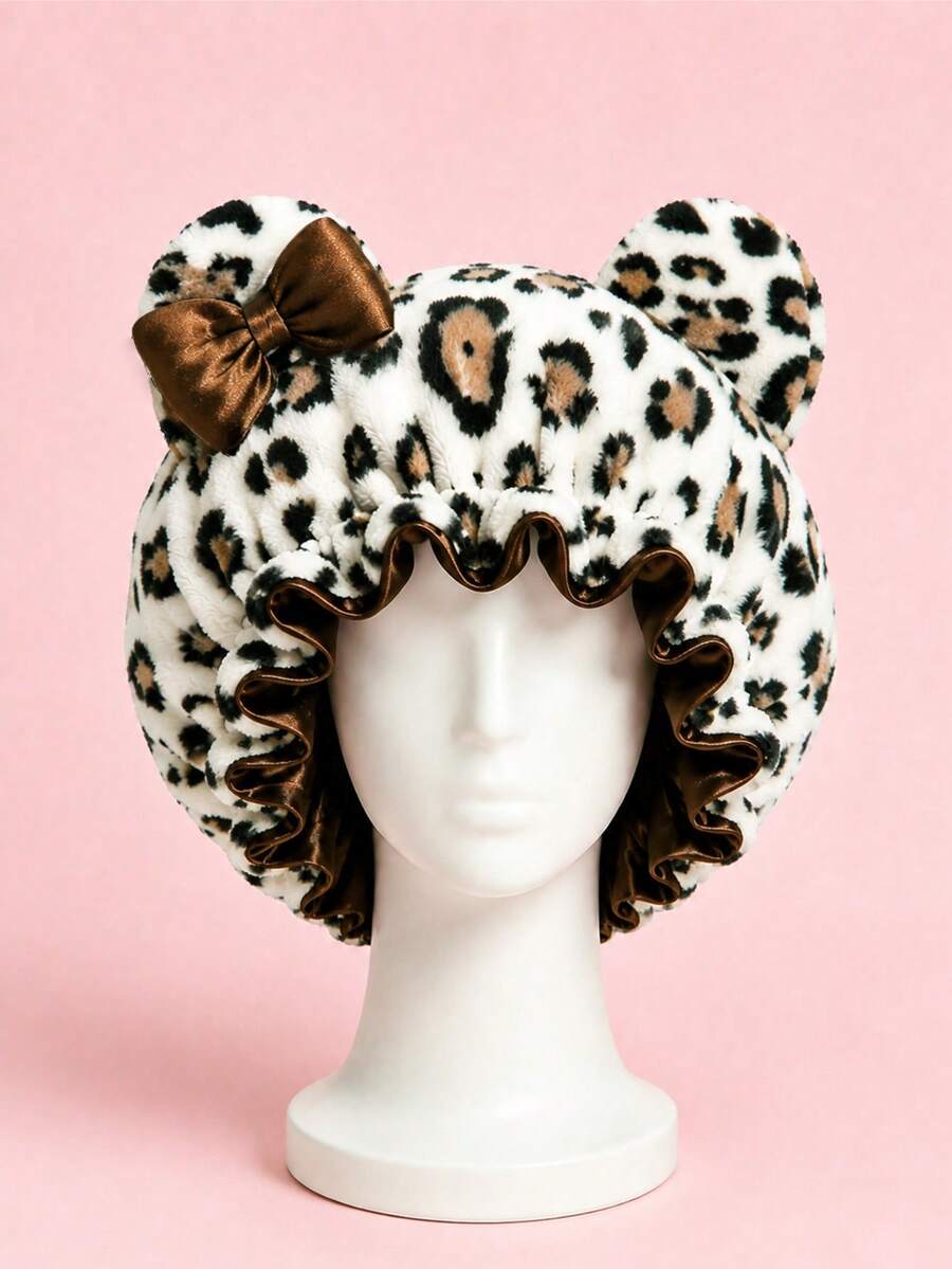 CONFLASS Leopard Print Plush 3D Cat Ear Bow Headband Hat, Quick-Dry Soft Sleep Cap, Suitable For Daily Nighttime Hair Care - Leopard Print - View 1