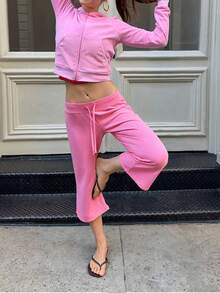 Women's Y2K Drawstring Cropped Wide Leg Pants, Loose Short Casual Pants, Cotton Casual Vacation Home Pants - Rose Pink - View 4