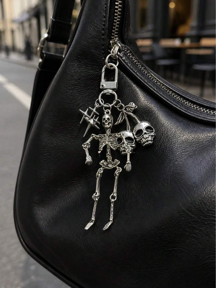 Skull Cherry Alloy Bag Hanging Bag Keychain Pendant, Featuring Elements Such As Skull Figures And Stars, Vintage Silver Style, Halloween - Multicolor - View 1