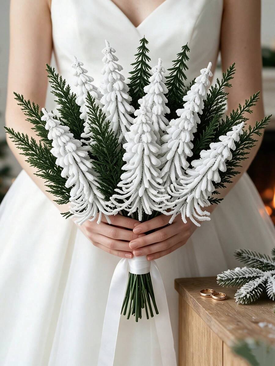 12pcs New Style Artificial Christmas Pine Branch Bouquet, White & Green Flocked Pine Branches, Nordic Winter Holiday Decoration, Suitable For Home, Wedding, Party, Christmas Table Centerpiece, Premium Artificial Pine Branch Bouquet - Multicolor - View 1