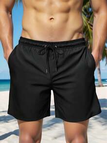 Pantalones cortos casuales de playa para hombres con cintura con cordón y bolsillo, de unicolor - Negro - Ver 1