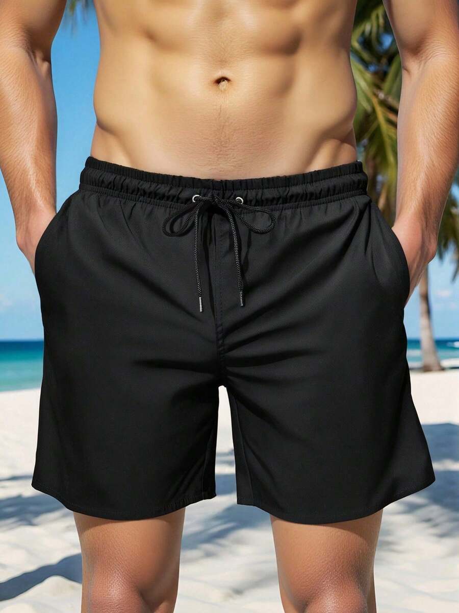 Pantalones cortos casuales de playa para hombres con cintura con cordón y bolsillo, de unicolor - Negro - Ver 1