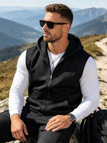 Men's Casual Vest, Solid Color Zipper Hooded Jacket, Lightweight Versatile Minimalist Vest, Spring/Summer Black - Black - View 7
