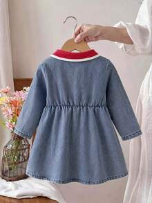 Infant Girls Fashionable Lapel Embroidered Half-Button Front Ruched Hem Long Sleeve Denim Dress - Light Wash - View 2