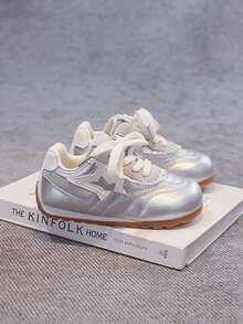 Girls' Lace Casual Sports Shoes, Soft Sole Lace-Up Children's Training Shoes - Silver - View 3