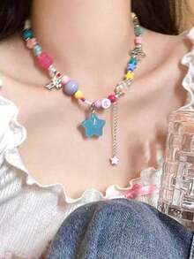 Candy Park Colorful Beaded Bow & Star Necklace, Flower Bracelet, Niche Gentle Cute Jewelry For Women's Daily Wear - Multicolor - View 4