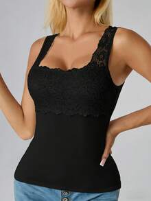 3 Peças Regata Feminina de Cor Sólida com Renda Francesa, Decote Quadrado, Sem Mangas, Ajuste Slim Elástico, Versátil, Leve e Confortável, Camisete Interna Combinável - Multicolorido - Visão 5