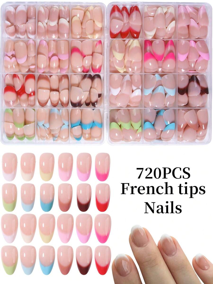 720pcs (24 Gaya Campuran) Kuku Palsu French Press-On Bentuk Oval Pendek dan Almond Pendek Gradien Dua Warna, Cokelat, Merah, Putih, Merah Muda - MultiWarna - View 1