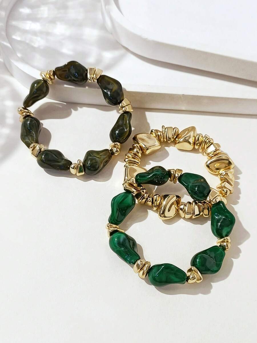 LADYCOCO 3pcs Fashion Thick Vintage Multi-Layer Acrylic ABS Material Beaded Elastic Bracelets Asymmetrical Deformed Gold Stone Bracelets Suitable For Women