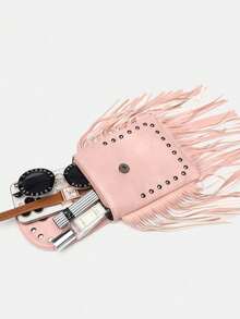 1件粉色PU皮革鉚釘流蘇鏈條單肩包，波希米亞復古小方型斜挎包，適合女性日常、約會與旅行 - 粉色 - 查看 4