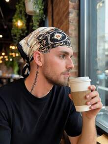 1PC Simulated Silk Equestrian Baroque Printed 70cm Square Bandana Scarf, Men's Sun Protection Versatile Headwrap Necktie - Black Leather Buckle - View 6