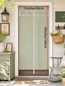 1pc Boho Style Linen Door Curtain With Lace Valance - Exquisite Floral Crocheted Lace Valance, Farmhouse Style Linen Room Divider Curtain For Bathroom Laundry Kitchen Bedroom Entrance - Green - View 2
