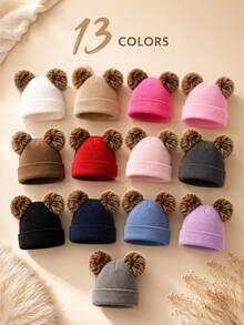 1PC Kids Solid Color Double Pom Pom Basic Cuffed Knit Hat, Multiple Color Options For Fashion Matching, Soft And Elastic Suitable For Autumn/Winter Multiple Occasions, Fits Both Boys And Girls - Multicolor - View 1