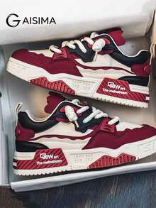 New Men Casual Niche Low-Top Design Sneakers, Fashionable Color Block Platform Athletic Shoes - Burgundy - View 2