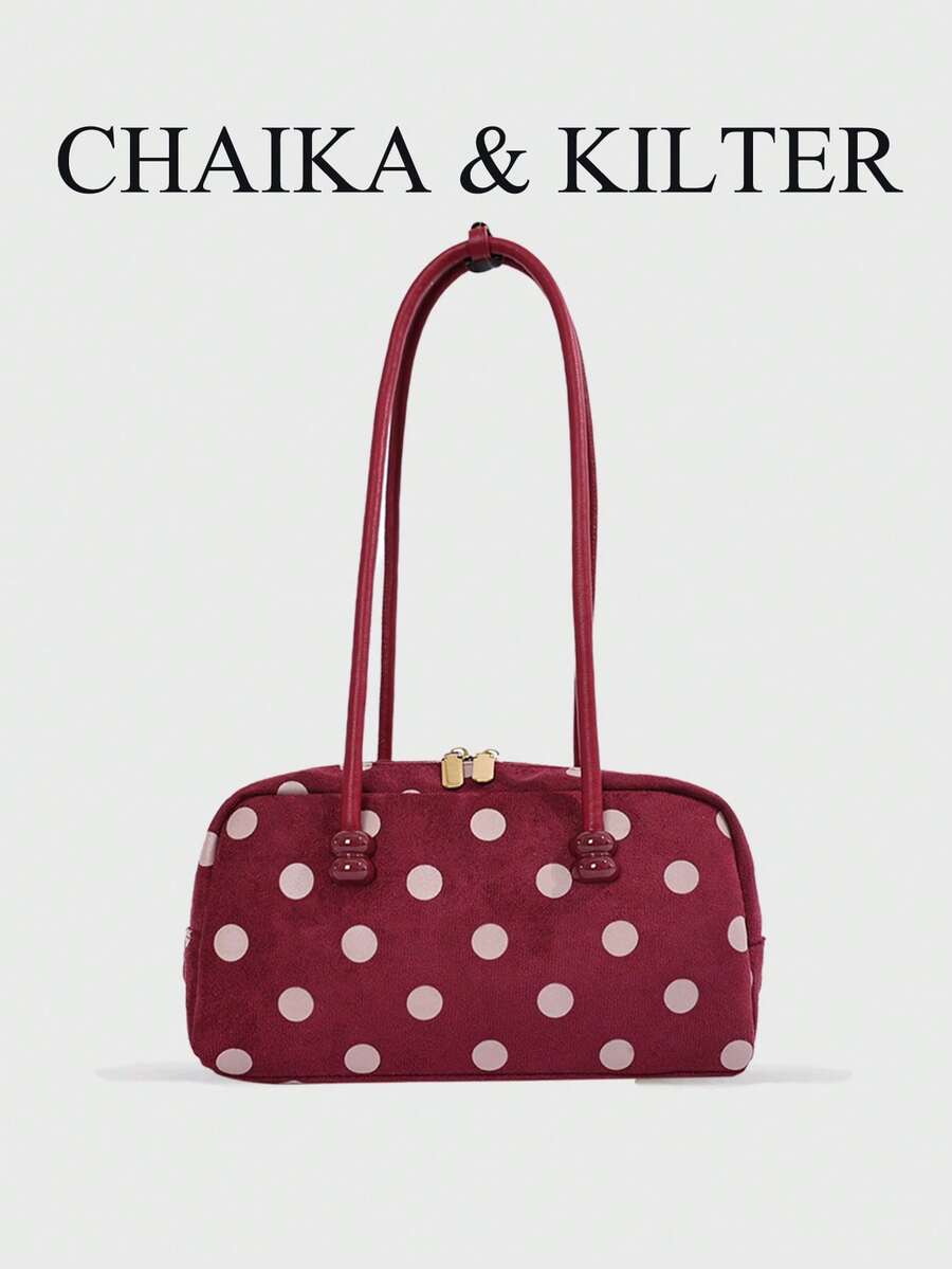 CHAIKA & KILTER 1pc Colorblock Matte Suede Fabric Shoulder Bag Women's Fashion Large Capacity Bowling Bag All-Over Polka Dot Pattern Dual Handle Design Zipper Closure Suitable For Daily And Street Use