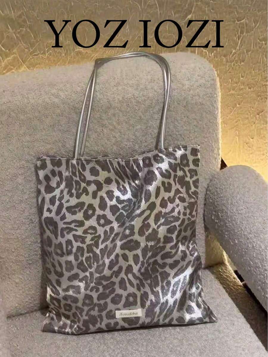 Back To School Leopard Print Korean Ins Style Canvas Tote Bag, Large Capacity Colorblock Handbag, Versatile Shoulder Bag For College Students, Campus Use - Silver - View 1