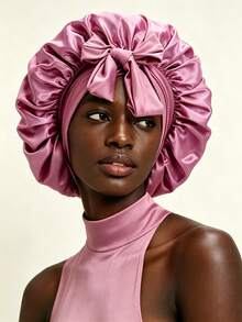 Large Satin Sleep Cap With Big Bow, Adjustable Long Tie, Suitable For Long Thick Hair Nighttime Hair Care - A - View 2