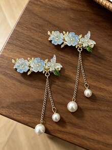 2pcs Semi-Transparent Glass Flower Pearl Pendant Bangs Clip, Luxury Gold Chain Dangle Hair Clip, Women's Gentle Atmosphere Hair Accessory - Multicolor - View 7