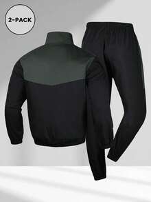 Men's Colorblock Stand Collar Zip-Up Jacket And Joggers 2-Piece Set, Casual Commute Outdoor Running Sports Outfit, Suitable For Spring And Autumn - Black - View 6