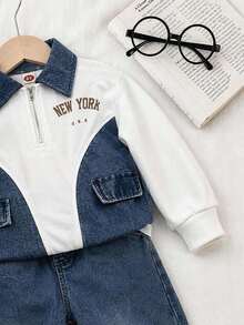 Boys' Letter Print Zip-Up Half-Open Collar Faux Pocket Denim Patchwork Fashion Sweatshirt And Loose Denim Pants With Pockets - White - View 4