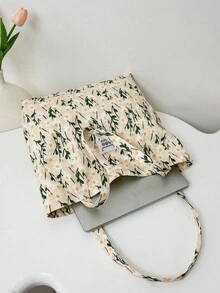 Fresh Colorful Floral Contrast Fabric Large Capacity One Shoulder Tote Bag - White - View 5