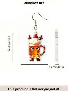 2D Cute Christmas Beer Mug Dangle Earrings, Cartoon Wine Glass With Christmas Hat And Deer Antlers Acrylic Pendant Earrings, Fun Christmas Party Women's Jewelry Gift - Christmas Beer Mug - View 3
