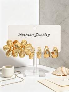 Set 3 Pasang Anting Lingkaran Emas, Anting Lingkaran Berbentuk C Berongga Motif Bunga Campuran, Bintang, Daun, untuk Pemakaian Sehari-hari Wanita - Emas - View 6