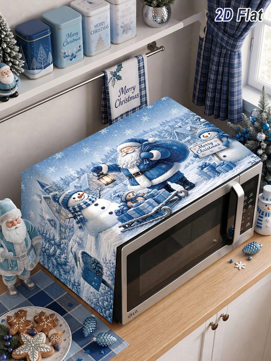1件裝聖誕藍色微波爐防塵罩，聖誕老人、雪人、聖誕樹與雪景圖案，Merry Christmas 85*35cm 聚酯纖維微波爐/烤箱/爐灶罩，廚房家電防塵保護罩，聖誕裝飾，聖誕裝飾，廚房裝飾，節日餐桌裝飾，冬季家居裝飾
