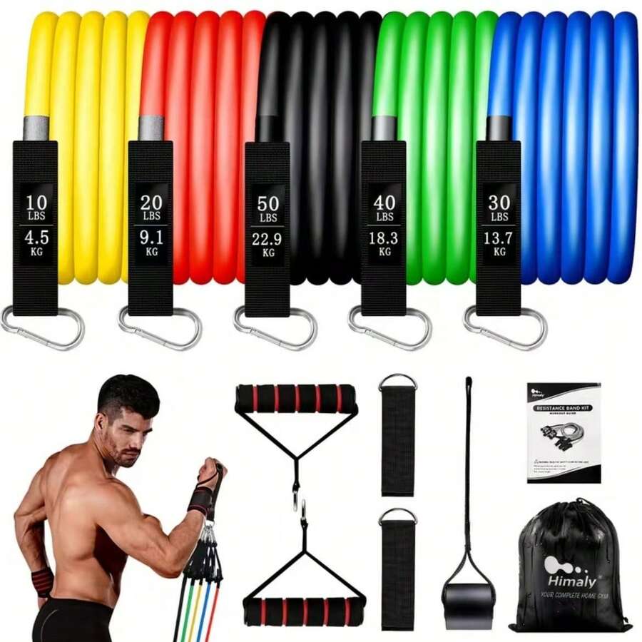 11-Piece Resistance Band Set, Fitness Training Elastic Tubes With Handles, Door Anchor, Ankle Straps, Suitable For Home Gym Strength Training And Yoga Exercise