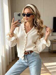Women's Solid V-Neck Ruffle Trim Button Fall/Winter Casual Chic Elegant Versatile Long Sleeve Knit Cardigan – Daily Street Soft Vibe Wear - White - View 1