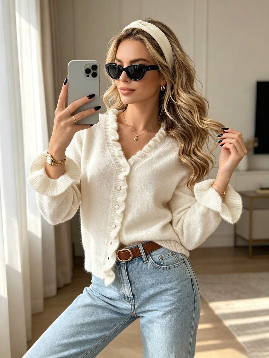 Women's Solid V-Neck Ruffle Trim Button Fall/Winter Casual Chic Elegant Versatile Long Sleeve Knit Cardigan – Daily Street Soft Vibe Wear - White - View 1