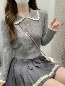 Atasan Dalaman Wanita Model Kerah Peter Pan Gaya Kampus - Grey - View 8
