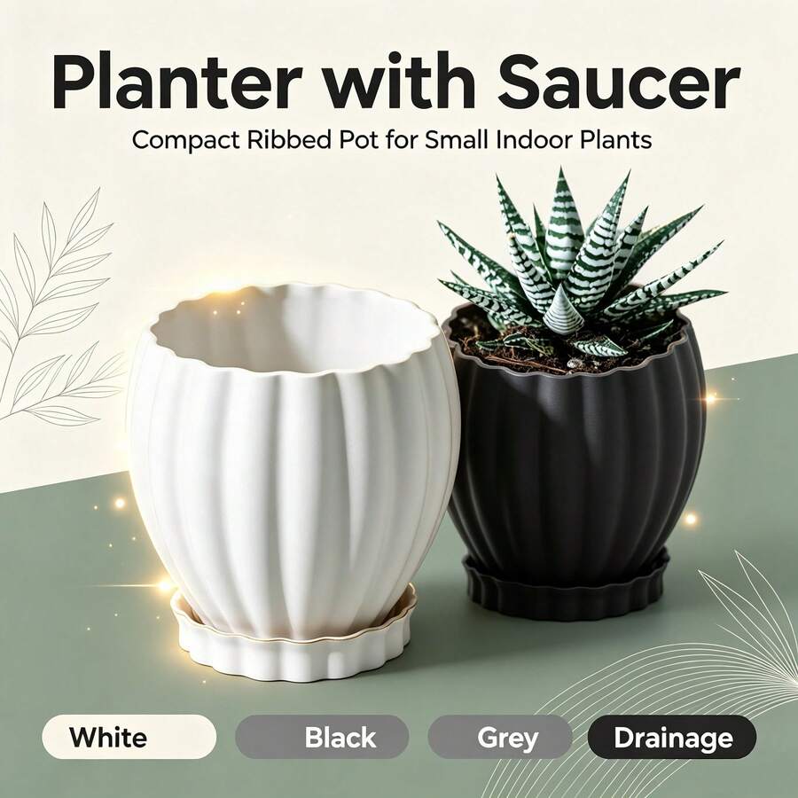 3D Printed Planter With Tray - Compact Vertical Textured Pot For Small Indoor Plants, Modern Minimalist Succulent Container With Drainage Holes, Suitable For Living Room, Bedroom, Office Desk, Windowsill, Ideal Gift For Plant Lovers - Flower Pot - View 1