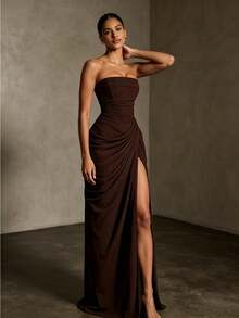 Ruched Split Tube Bodycon Dresses For Women Elegant, Boned Corset Waist Slim Fit Hip Hugging Formal Dress For Cocktail Party Wedding Guest - Brown - View 3