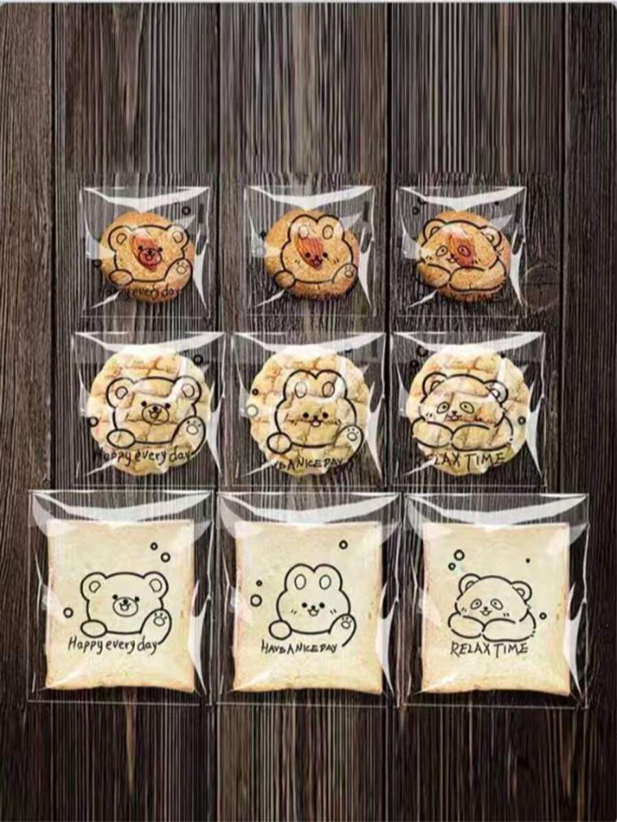 100pcs Cartoon Pattern Self-Adhesive Transparent Bread Packaging Bags, Baking Snack Packaging Bags, Snack Storage Bags, Cookie Packaging Bags, Suitable For School Supplies, Food Bags, Food Boxes, Also Suitable For Candy, Chocolate, Cookies And Other Packaging, Essential For Baking Shops, Essential For Home. - Multicolor - View 1