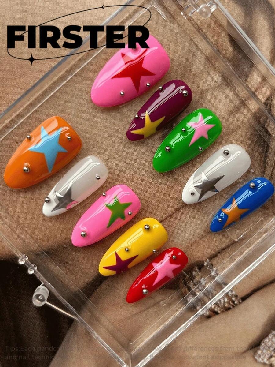 10pcs Handmade Nail Stickers, Dopamine Color Series, Hand-Painted Star Pattern Design, Daily Manicure, Sweet And Sexy Cute Girl Creative Manicure With 3D Heart, Cartoon Sweet And Cool, Unique Cute High-End Manicure, Spring/Summer Manicure, Press-On Nail Stickers, Nail Art Supplies Nails - Follow Your Heart - View 1
