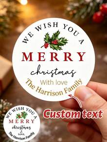 35-350pcs Custom Christmas Holly Name Stickers, Personalized Round Holiday Gift Labels, Festive Merry Christmas Style, Customized Text Gift Stickers, Customizable Family Message Seals, Gift Wrapping Decor, Christmas Party Favors, Holiday Gifts - Multicolor - View 1