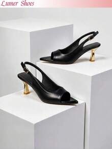 Spring Summer Solid Color Slingback Sandals For Women, Glossy Peep‑Toe Pointed Heels For Party & Street Look - Black - View 2