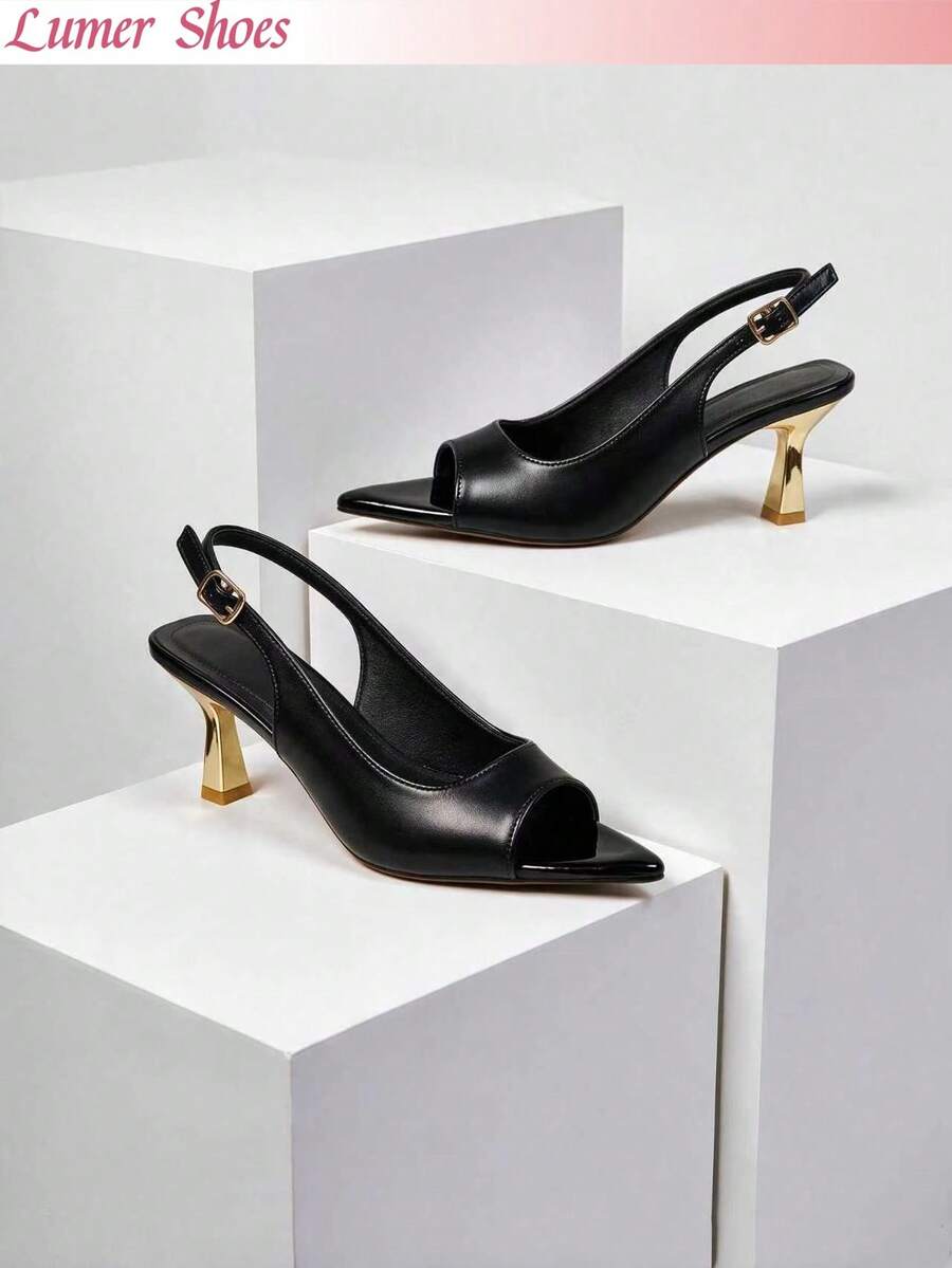 Spring Summer Solid Color Slingback Sandals For Women, Glossy Peep‑Toe Pointed Heels For Party & Street Look