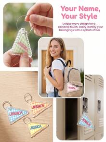Personalized Custom Text Acrylic Keychain, Wavy Edge Triangle Pendant With Plaid Pattern, Customized Name Key Ring, Suitable For Water Bottle/Bag/Backpack/Laptop, Office, Teacher Gift, Student Gift, Birthday/Christmas/Holiday Surprise - Multicolor - View 7