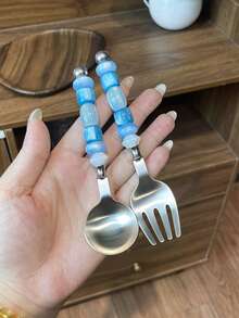 1件/2件 304不鏽鋼創意甜美風珠飾湯匙、甜點匙、水果叉，適用於下午茶、餐廳、居家、派對、聚會 - 藍色 - 查看 16