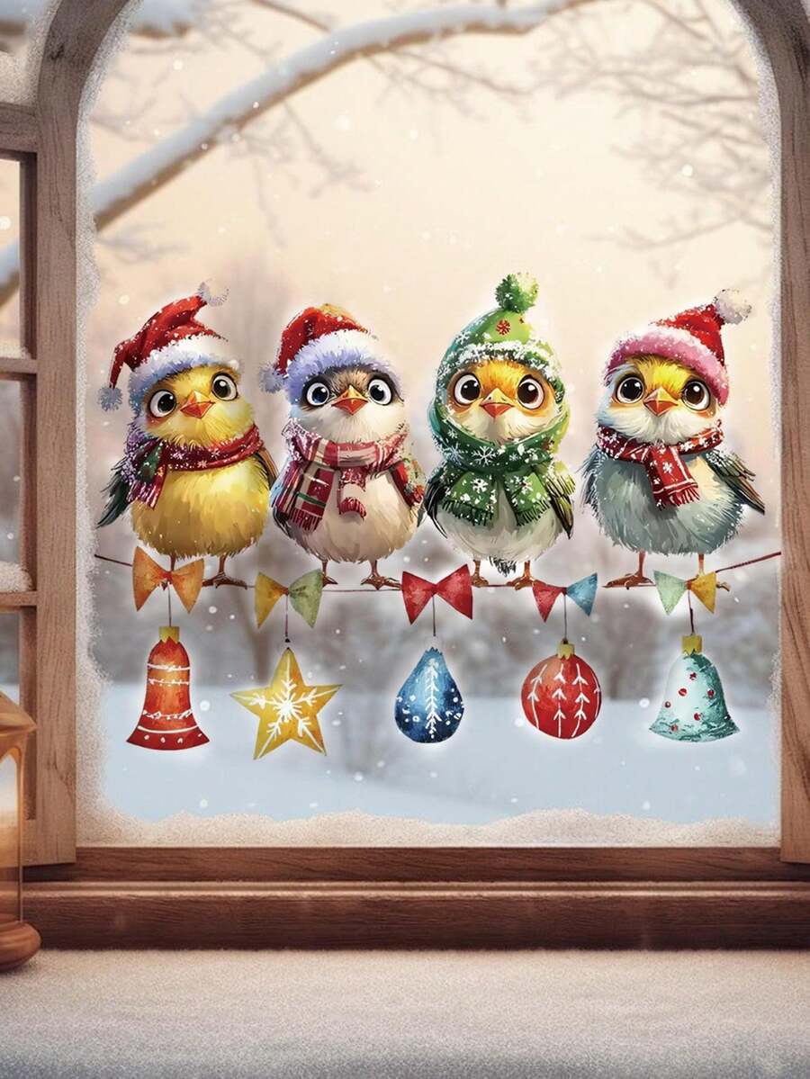 1pc Christmas 4 Birds With Santa Hats Bell Wall Decor Sticker, Removable Holiday Room Decoration For Bedroom, Living Room, Entryway - 1PC - View 1