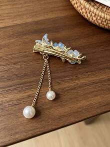 2pcs Semi-Transparent Glass Flower Pearl Pendant Bangs Clip, Luxury Gold Chain Dangle Hair Clip, Women's Gentle Atmosphere Hair Accessory - Multicolor - View 3