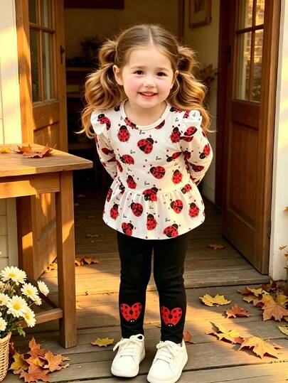 2pcs/Set 4-7 Years Old Girls Spring/Autumn White Milk Silk Full Print Ladybug & Water Print Round Neck Long Sleeve Frill Trim Top + Black Casual Printed Leggings Cute Outfit